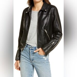 Faux Leather Bomber Jacket with Removable Hood / Black